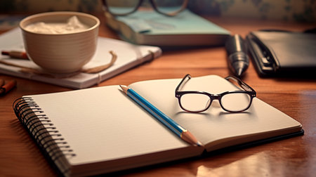 a notebook, glasses, and a cup of coffee on a tableの素材