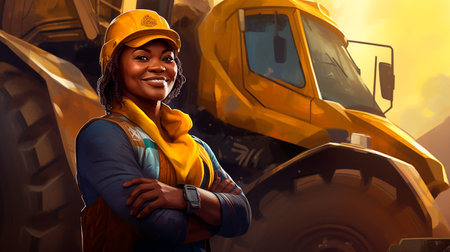a woman in a hard hat and overalls standing in front of a large truckの素材