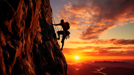 a man climbing a mountain at sunsetの素材