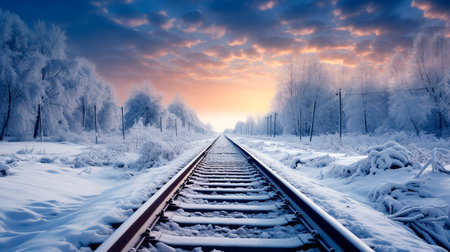 a train track in the middle of a snowy fieldの素材