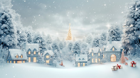 a snowy scene with presents and deerの素材