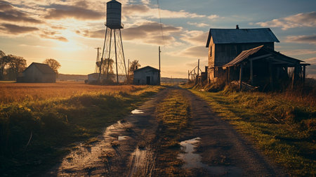 a dirt road leading to a house in a fieldの素材