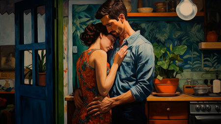 a painting of a couple embracing in a kitchenの素材