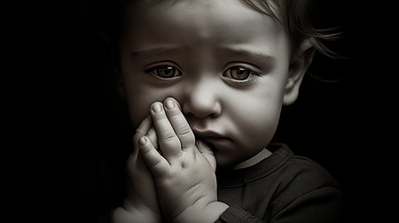 a young child covering his face with handsの素材