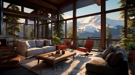 a living room with a fireplace and a view of mountainsの素材