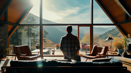 a man standing in a living room looking out at a mountainの素材