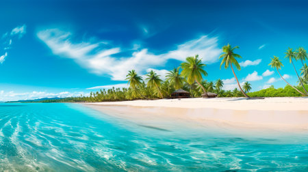 a beach with a palm tree and a blue oceanの素材