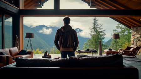 a man standing in a living room looking out at a mountainの素材