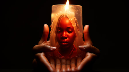 a person holding a candle with a flameの素材