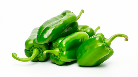 a pile of green peppers on a white surfaceの素材