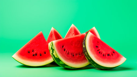 a pile of watermelon slices on a wooden tableの素材