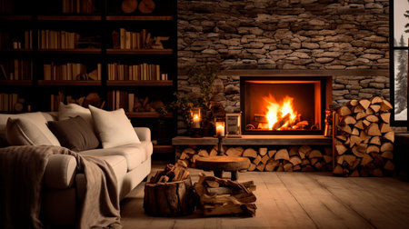 a living room with a fireplace and a couchの素材