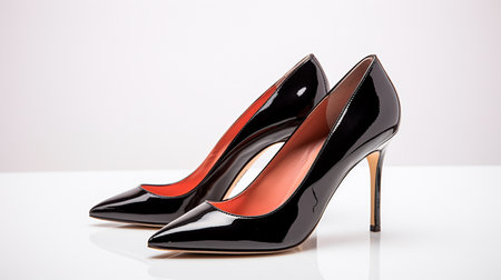 a pair of black high heeled shoes on a white surfaceの素材