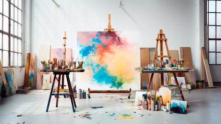a studio with multiple paintings and easelsの素材