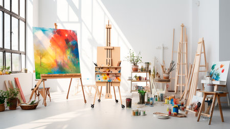 a studio with multiple paintings and easelsの素材