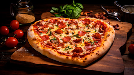 a pizza with pepperoni and cheese on a wooden boardの素材