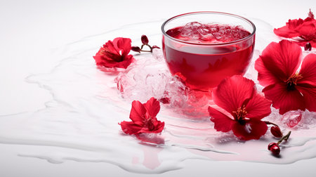 a cup of tea with red flowers on a white tableの素材