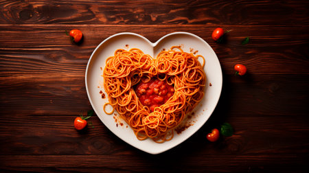 a heart shaped plate of spaghetti with sauce and basilの素材