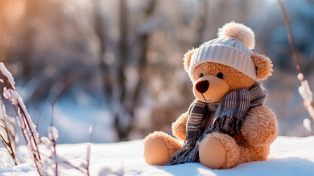 a teddy bear wearing a scarf and hatの素材