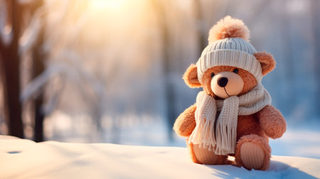 a teddy bear wearing a scarf and hatの素材