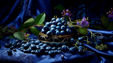 a woman holding a bunch of blueberries in her handsの素材