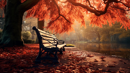 a park bench sitting next to a lake in the fallの素材