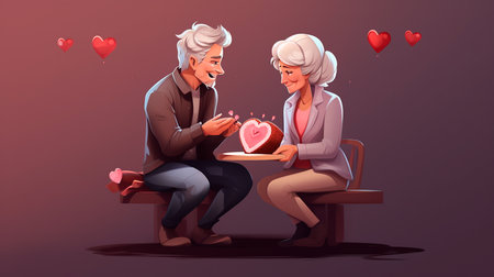 a man and woman sitting at a table with a cakeの素材