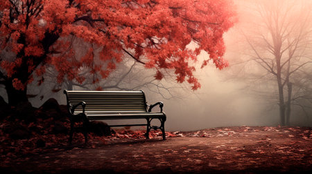 a park bench sitting next to a lake in the fallの素材