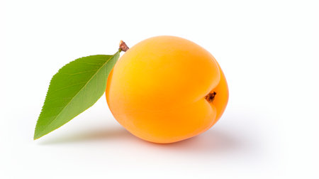 a peach with a leaf on a white backgroundの素材