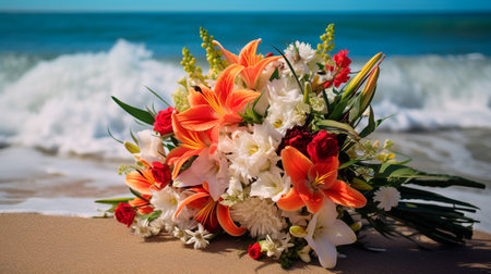 a bouquet of flowers on a beach near the oceanの素材