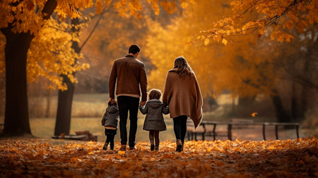 a family walking down a path in the woodsの素材