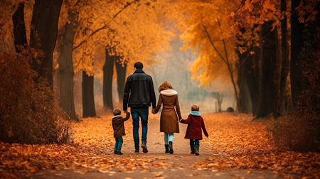 a family walking down a path in the woodsの素材