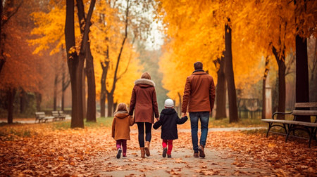 a family walking down a path in the woodsの素材