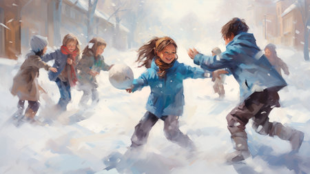 a group of people running through the snowの素材