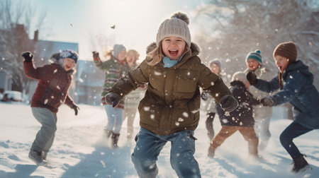 a group of people running through the snowの素材
