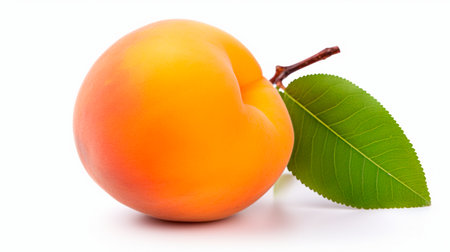 a peach with a leaf on a white backgroundの素材