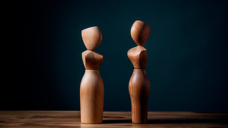 two wooden figures on a black tableの素材