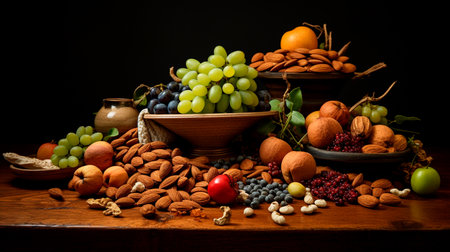 healthy food. nuts and fruits in a wooden bowl on a wooden table. the composition of the collection for a bannerの素材
