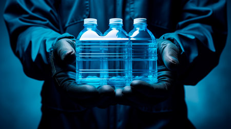 the man in a blue suit holds a bottle of water. a bottle of water with a blue liquid in a glass.の素材
