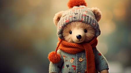 cute teddy bear with a red hat on the background of a snowy forest.の素材