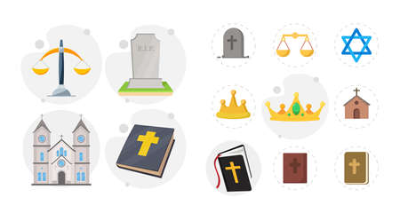 religion flat icon set with holy bible, church, grave, libraのイラスト素材