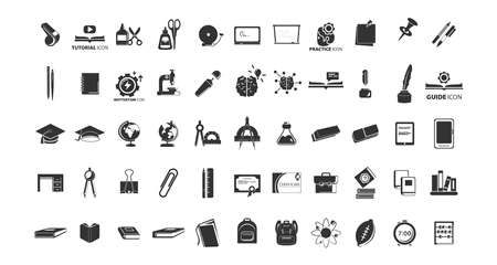 School and Education Icon set with graduation cap, book, pencil, pen, eraser, blackboardのイラスト素材