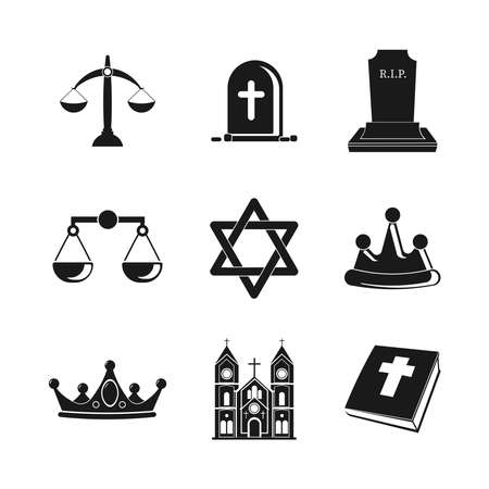 religion icon set with holy bible, church, grave, libraのイラスト素材