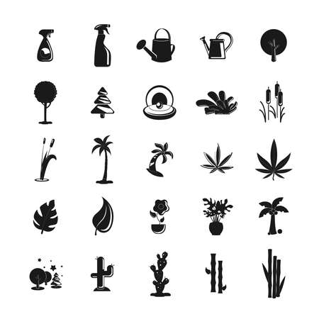 plan icon set with bamboo, tree, flower, marijuana, leaf, palm, watering canのイラスト素材