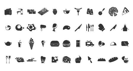 Food icon set with bread, hamburger, fast food, sushi, ice cream, dish, sausage, kitchen, pizzaのイラスト素材