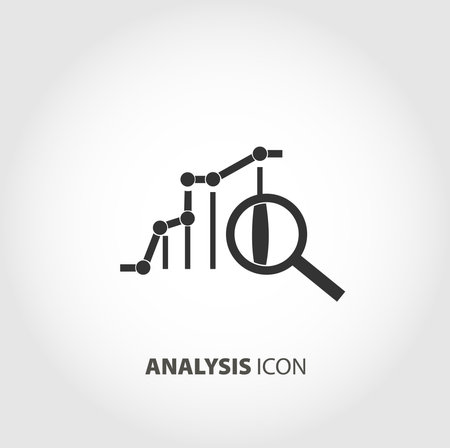 Marketing data analytics, analyzing statistics chart, magnifying glass with stock market graph figures isolated vector icon, business elementのイラスト素材