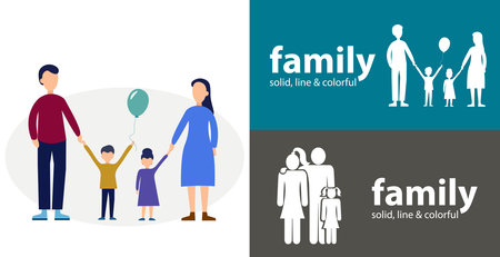 parents with children illustration. family isolated vector flat icon. silhouette line solid design elementのイラスト素材