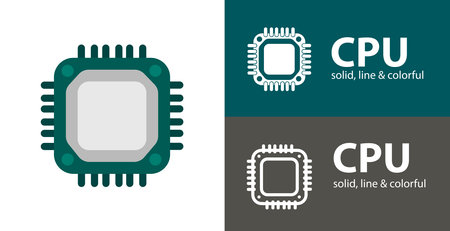 CPU isolated vector flat icon with technology electronics solid, line icons