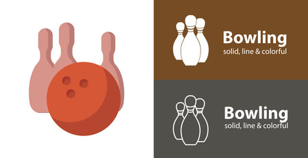 Bowling pins with ball isolated vector flat icon with sport solid, line iconsのイラスト素材