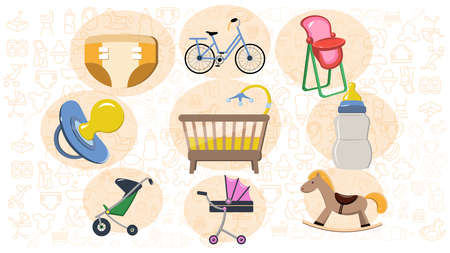 Baby dummy diaper nipple toys cradle flat icon setのイラスト素材